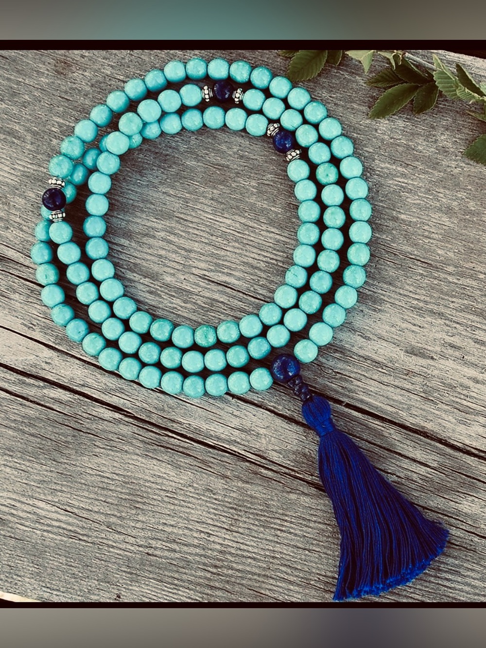 Turquoise and Lapis Mala 108 Bead Tassel Necklace